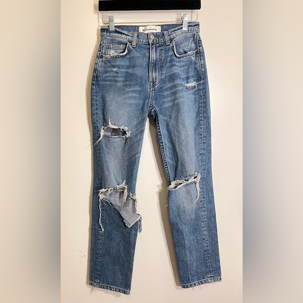 Reformation Julia High Cigarette Jean Distressed Blue Jeans in Antigua